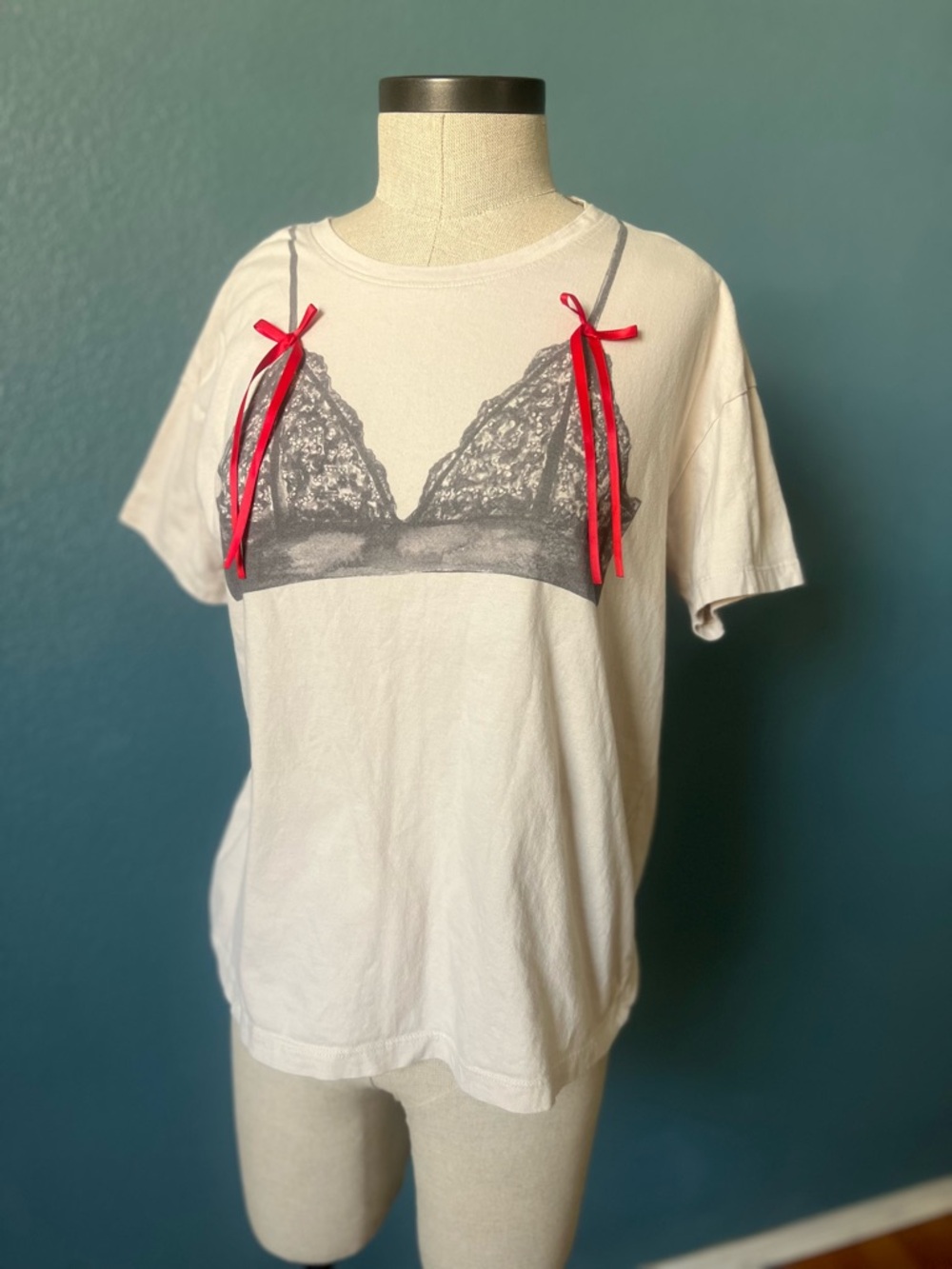 Messy Bun Just Chillin Graphic Bralette Tee with Red Ribbon Detail 100% cotton